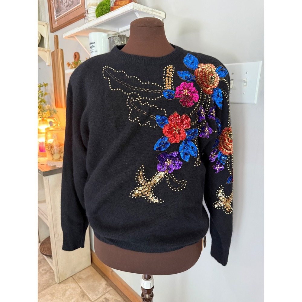 Vintage Marnie West Sequin Floral Sweater M Black Angora Lambswool 80s retro